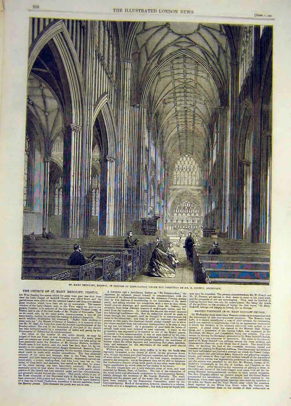 Old Antique Print 1861 Building Architect Godwin St Mary Redcliff Bristol 19th