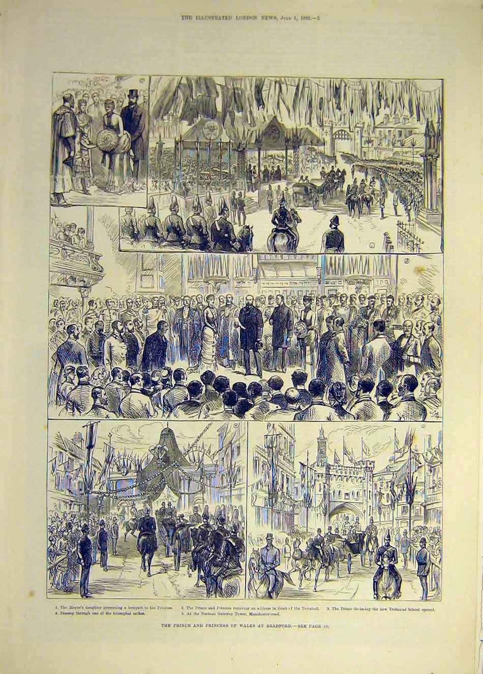 Original Old Antique Print 1882 Prince Princess Wales Bradford Sketches School