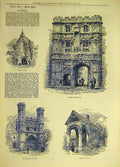 Original Old Antique Print 1874 Sketches Canterbury Christ-Church Gate Norman
