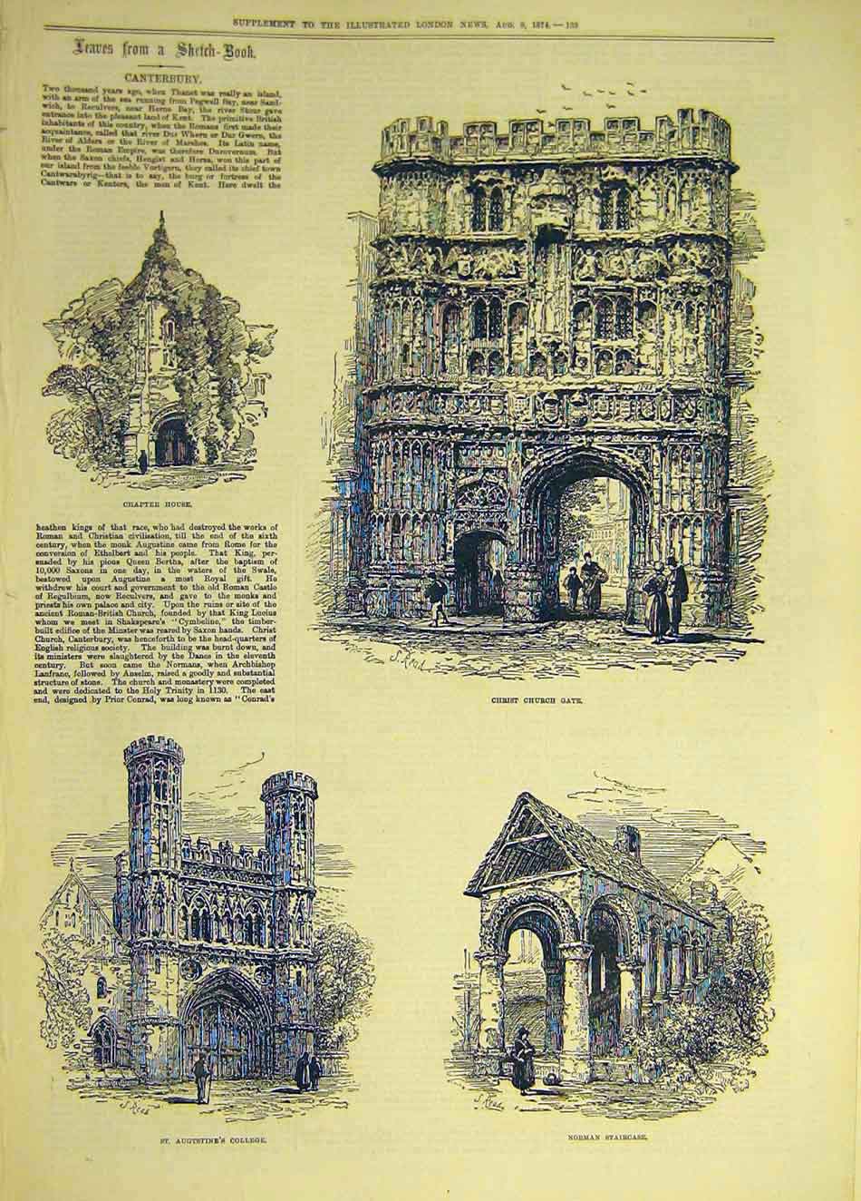 Original Old Antique Print 1874 Sketches Canterbury Christ-Church Gate Norman