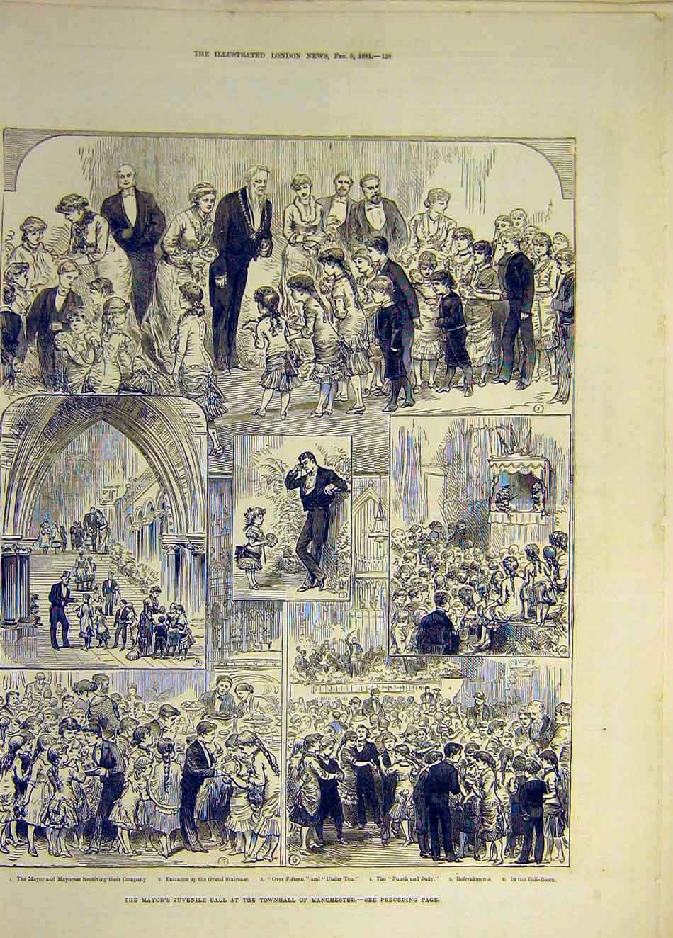 Original Old Antique Print 1881 Mayor Juvenile Ball Townhall Manchester 19th