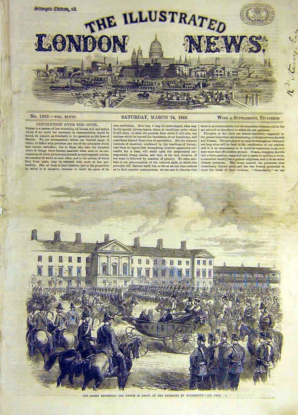 Original Old Antique Print 1866 Queen Review Troops Barracks Aldershot Military