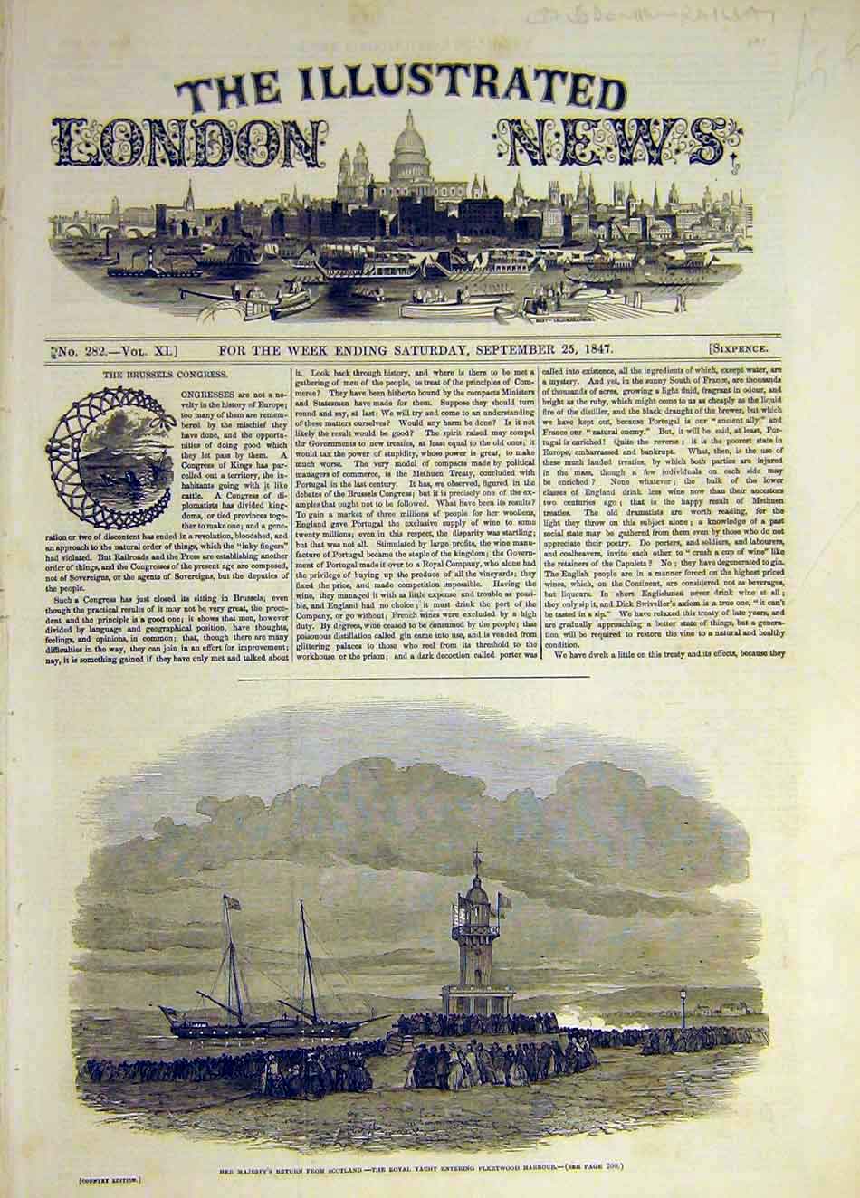 Original Old Antique Print 1847 Fleetwood Harbour Queen Royal Yacht Return 19th