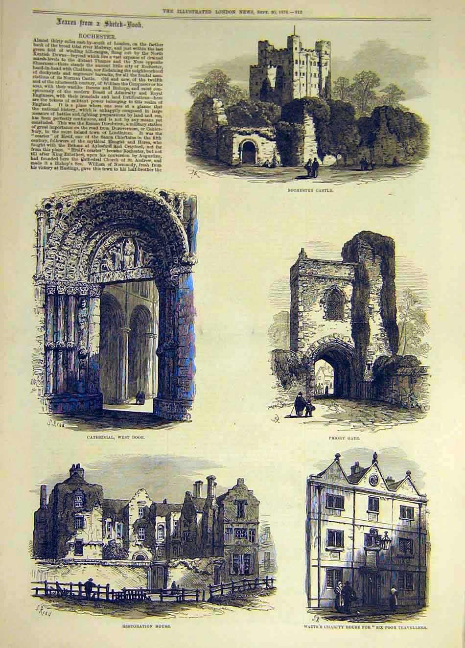 Original Old Antique Print 1876 Sketches Rochester Castle Cathedral Priory Watts