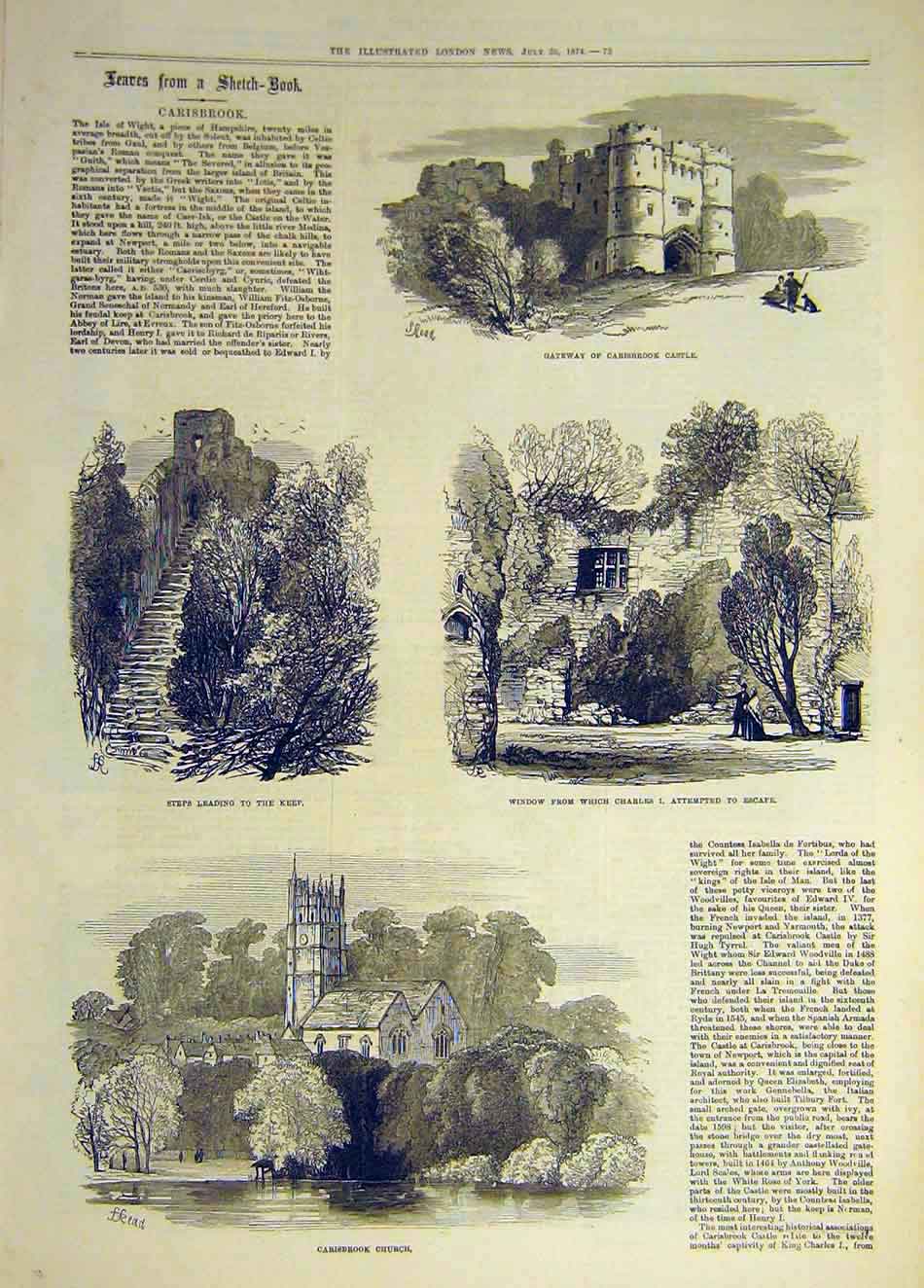 Original Old Antique Print 1874 Sketches Carisbrook Castle Church Steps 19th