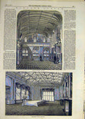 Old Antique Print 1847 Windsor Castle Guard Chamber Dining-Room Building 19th