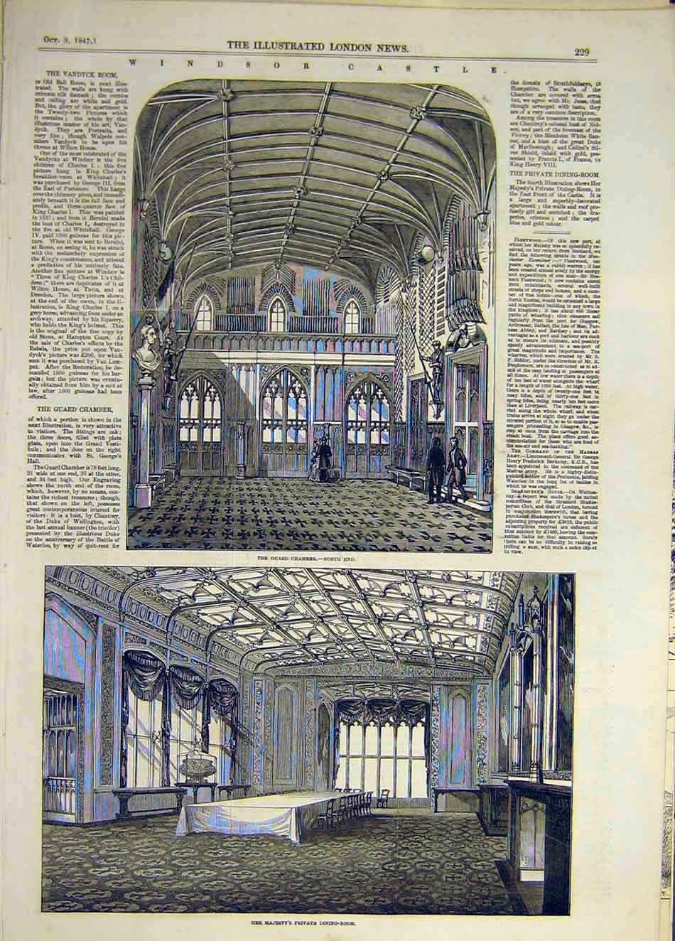 Old Antique Print 1847 Windsor Castle Guard Chamber Dining-Room Building 19th