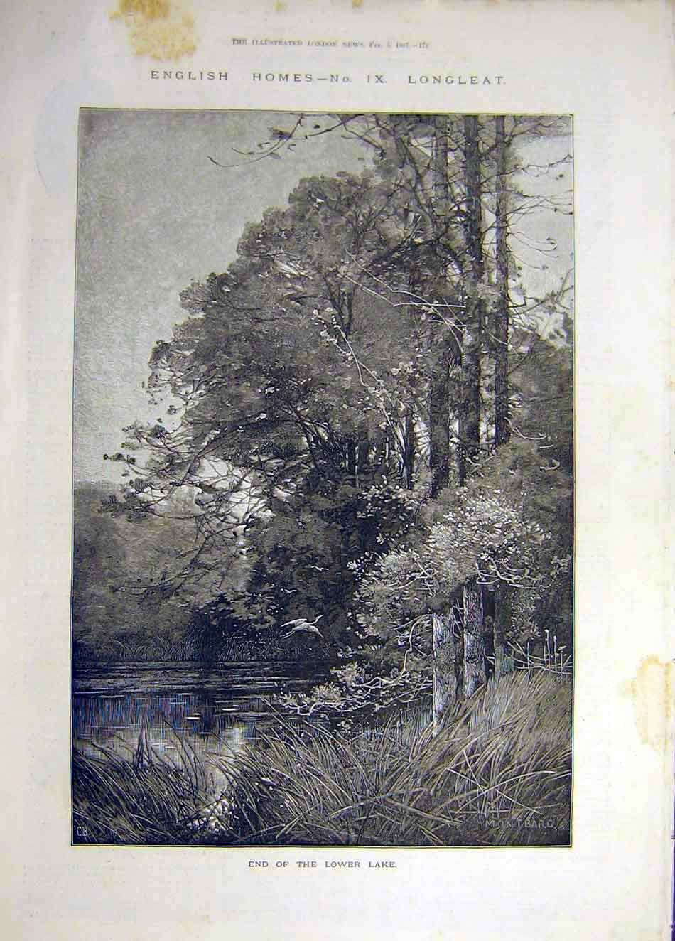 Original Old Antique Print 1887 Lake Longleat English Homes Montbard Victorian