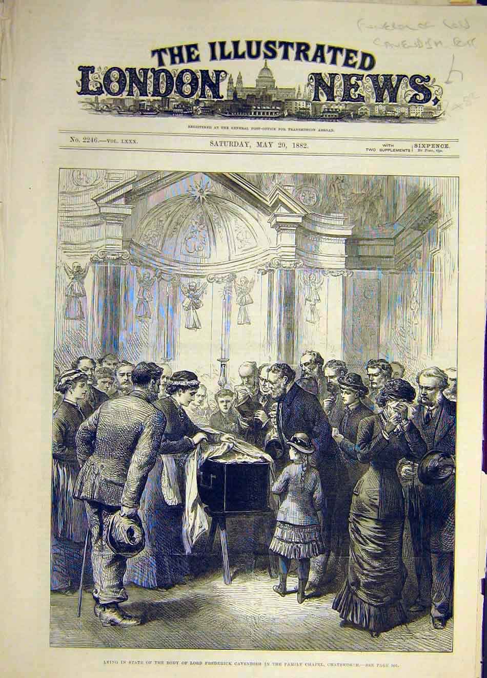 Original Old Antique Print 1882 Cavendish Funeral In-State Chatsworth Chapel