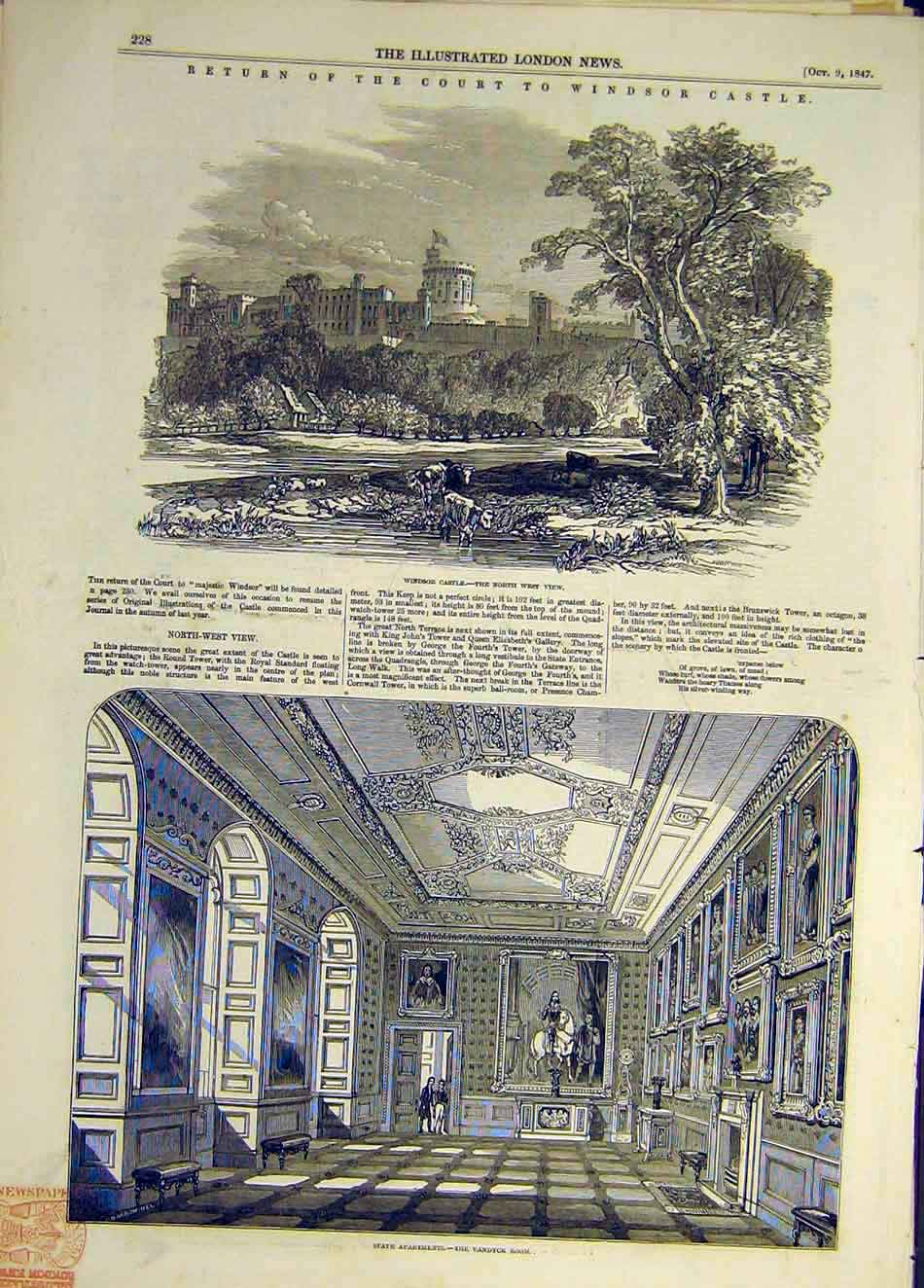 Old Antique Print 1847 Windsor Castle Vandyck Room Building Court Return 19th