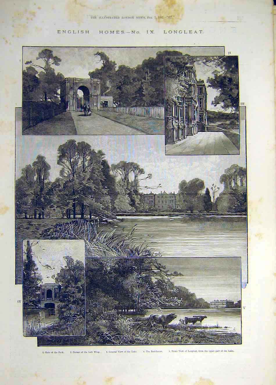Original Old Antique Print 1887 Longleat Montbard English Homes Building 19th