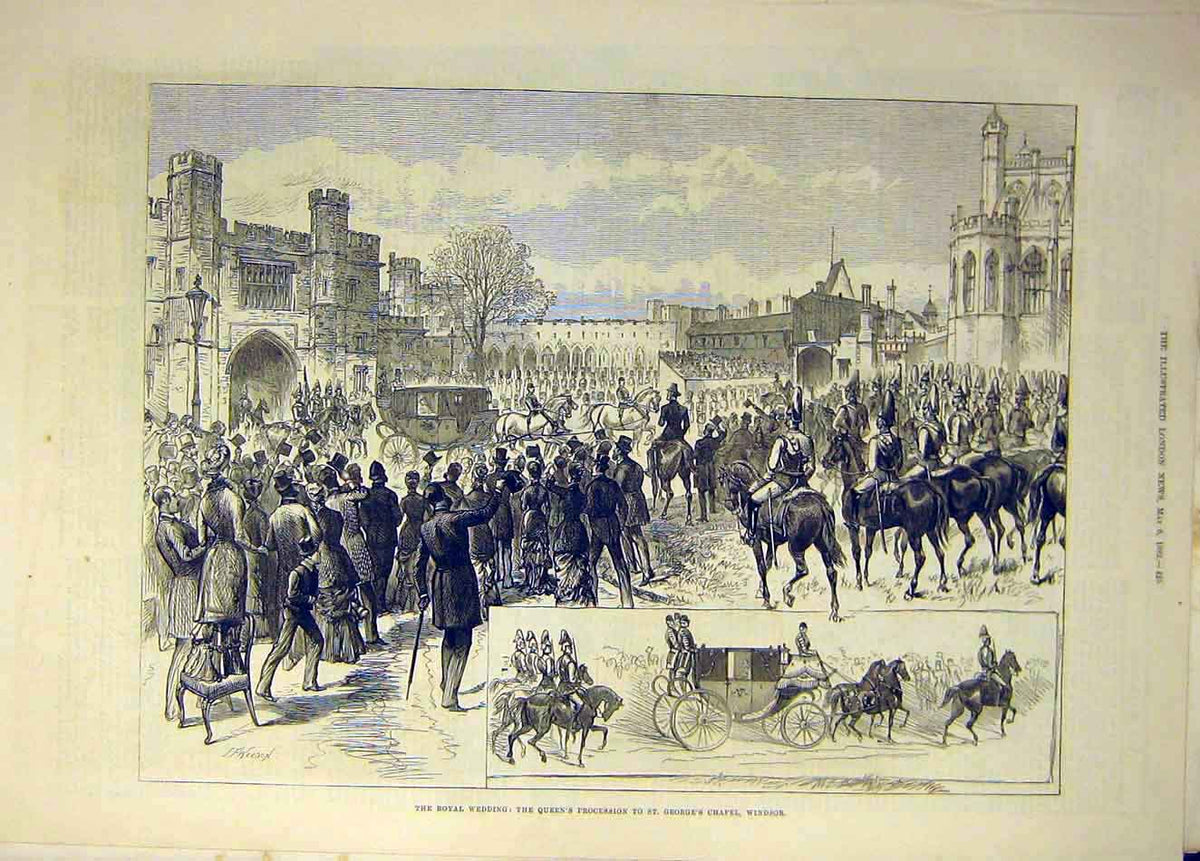 Original Old Antique Print 1882 Royal Wedding Queen Processionwindsor Chapel