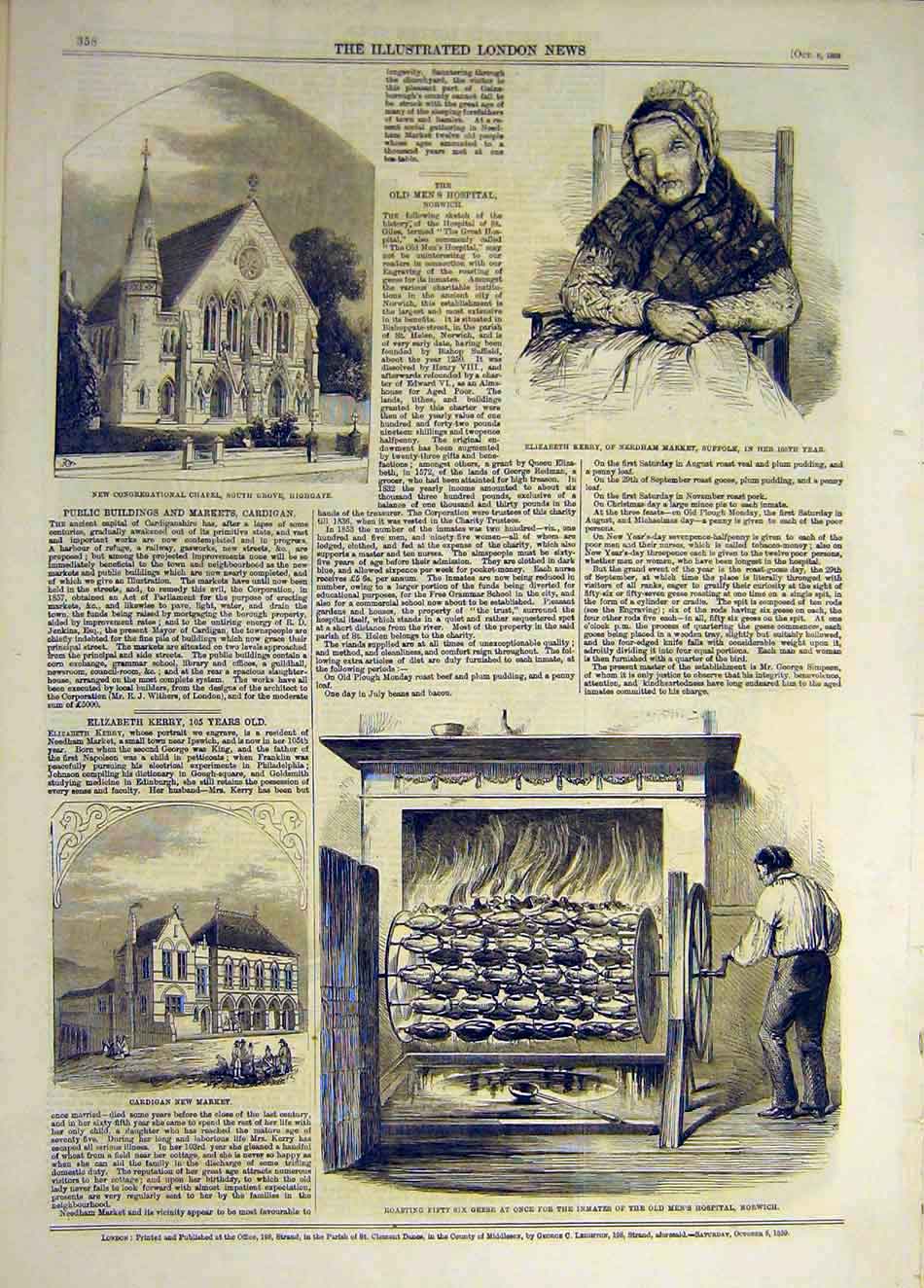 Original Old Antique Print 1859 Kerry Suffolk Highgate Church Cardigan Norwich