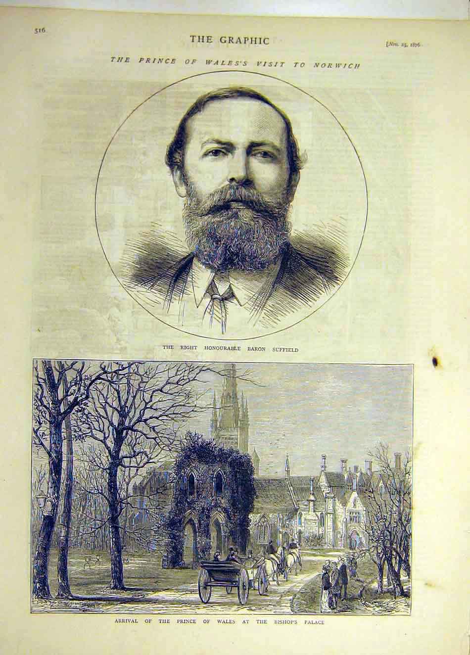 Original Old Antique Print 1876 Baron Suffield Portrait Bishop'S Palace Prince