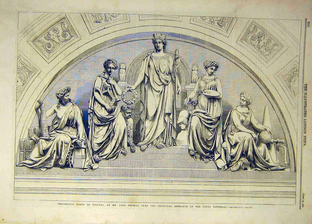 Original Old Antique Print 1858 Figures Leeds Townhall Entrance Thomas Victorian