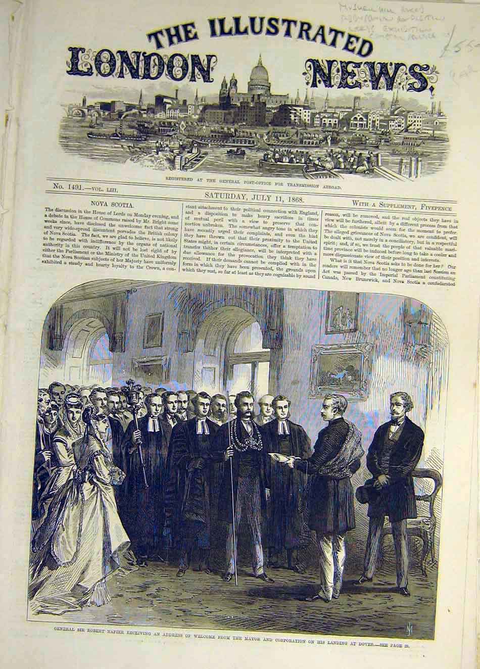 Original Old Antique Print 1868 Napier Mayor Corporation Dover Address Victorian