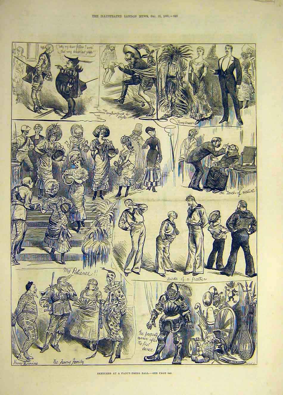 Original Old Antique Print 1881 Sketches Fancy-Dress Ball Sailors Funny Family