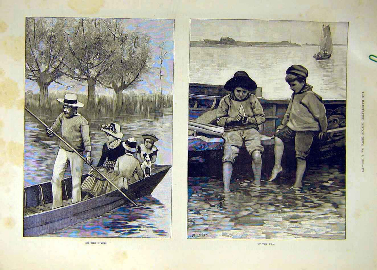 Original Old Antique Print 1880 River Boat-Man Children Sea Beach Boat Victorian