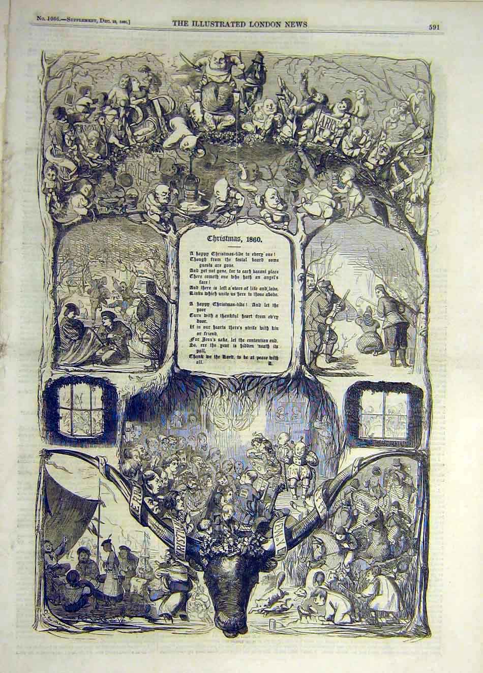 Original Old Antique Print 1860 Christmas Verse Merry Sketches Children Presents