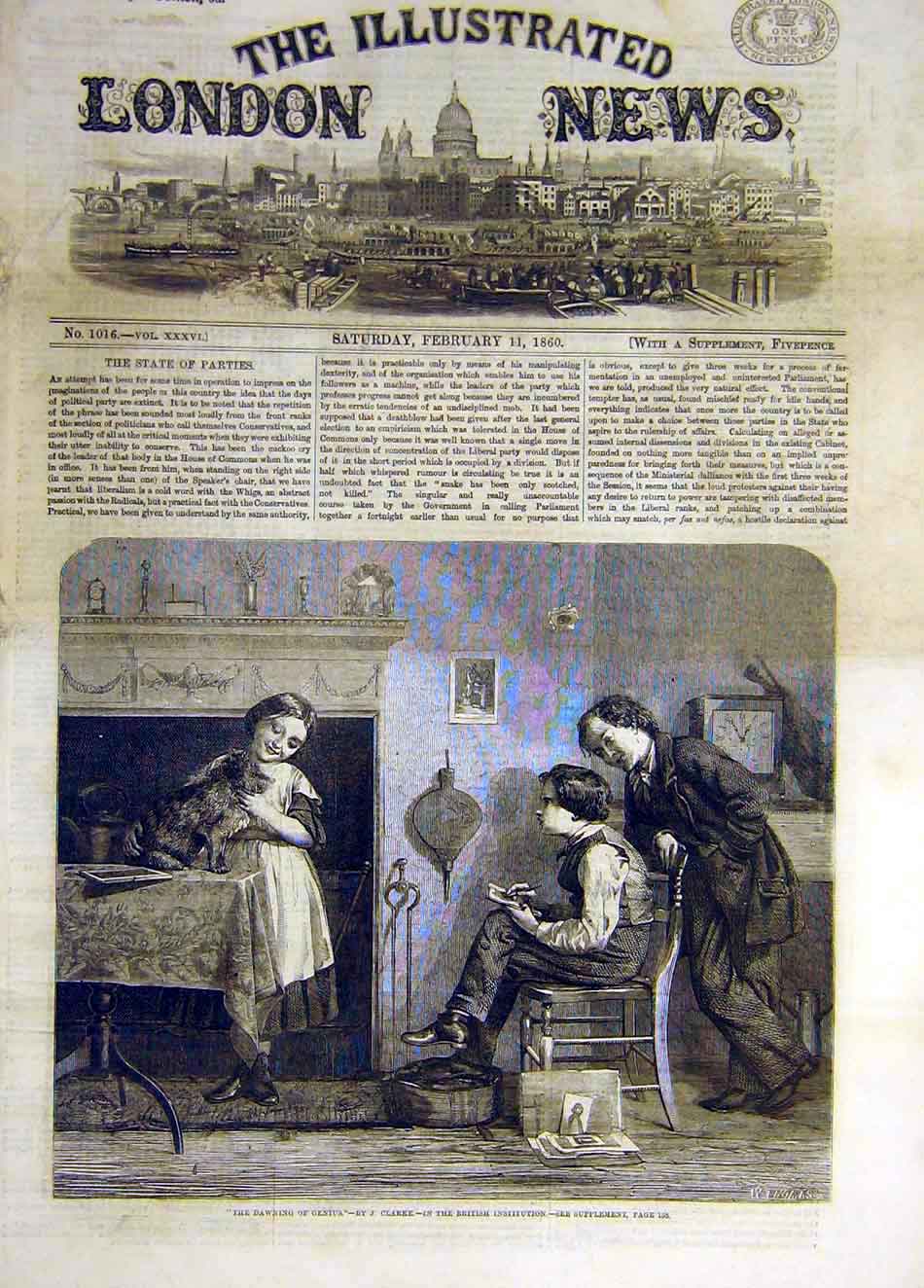 Original Old Antique Print 1860 Dawning Genius Clarke Artist Boy Dog Girl 19th