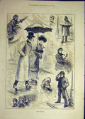Original Old Antique Print 1882 Wet-Afternoon Sketches Umbrella Lady Man Ludlow