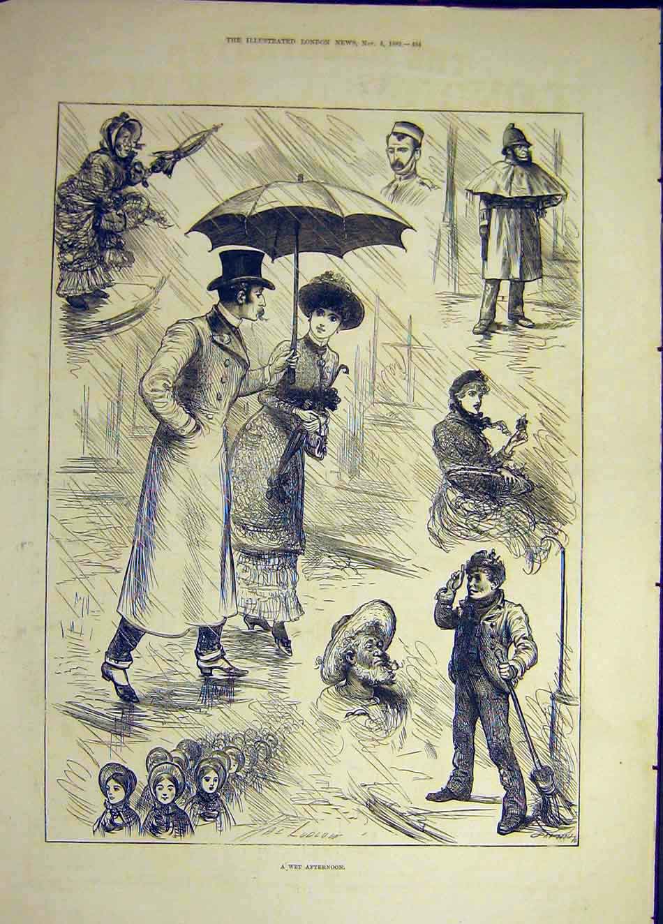 Original Old Antique Print 1882 Wet-Afternoon Sketches Umbrella Lady Man Ludlow