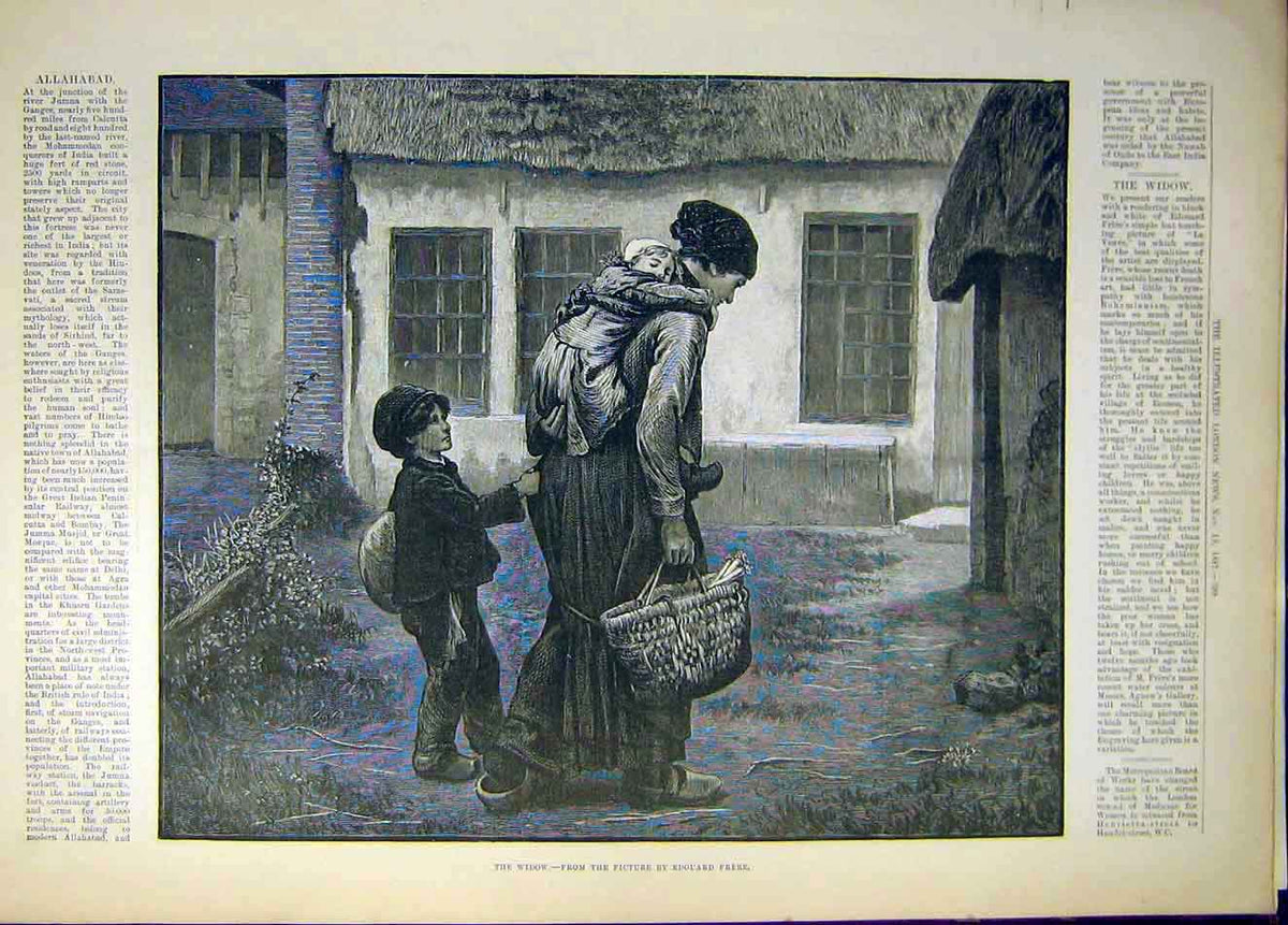 Original Old Antique Print 1887 Widow Frere Child Baby Cottage 19th