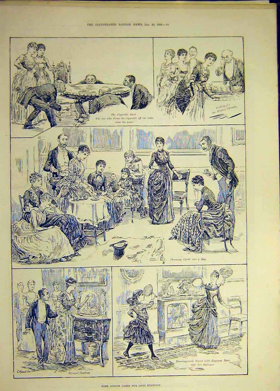 Original Old Antique Print 1888 Indoor Games Sport Evenings Cards Cigarette Duel