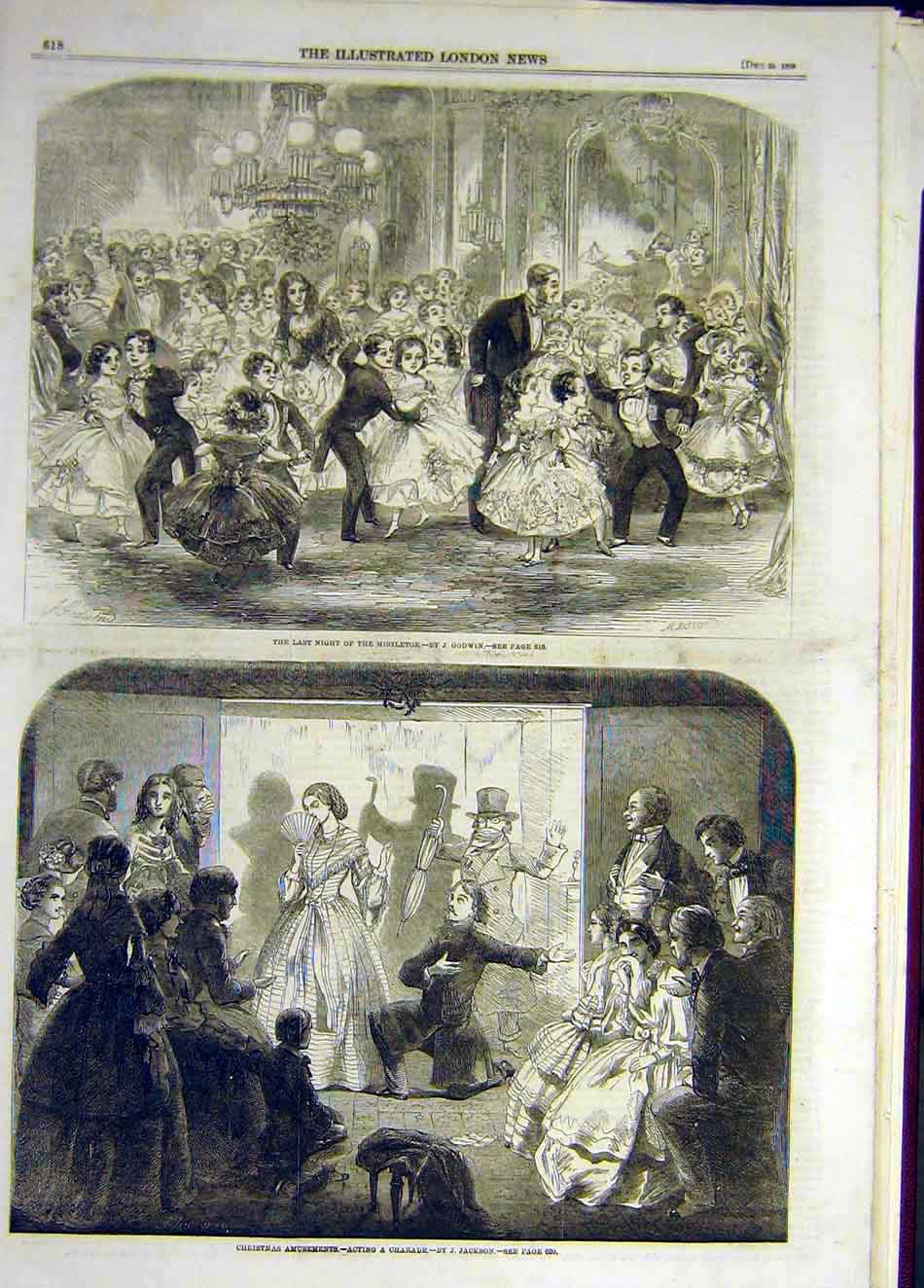 Original Old Antique Print 1859 Mistletoe Godwin Christmas Charade Jackson 19th
