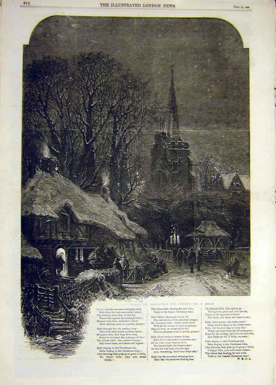 Original Old Antique Print 1858 Bells Christmas Eve Read Verse 19th
