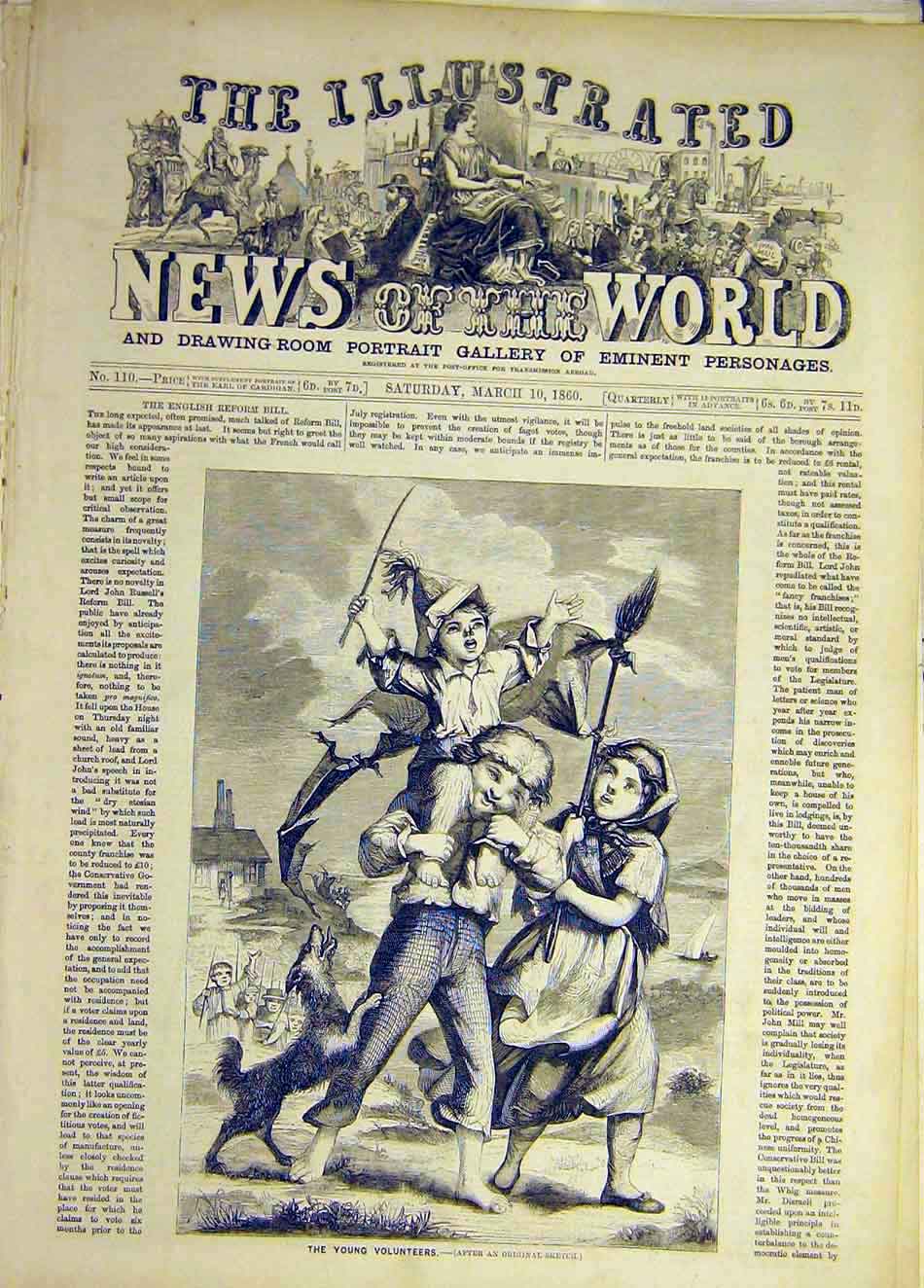 Original Old Antique Print 1860 Young Volunteers Children Dog Sketches Victorian