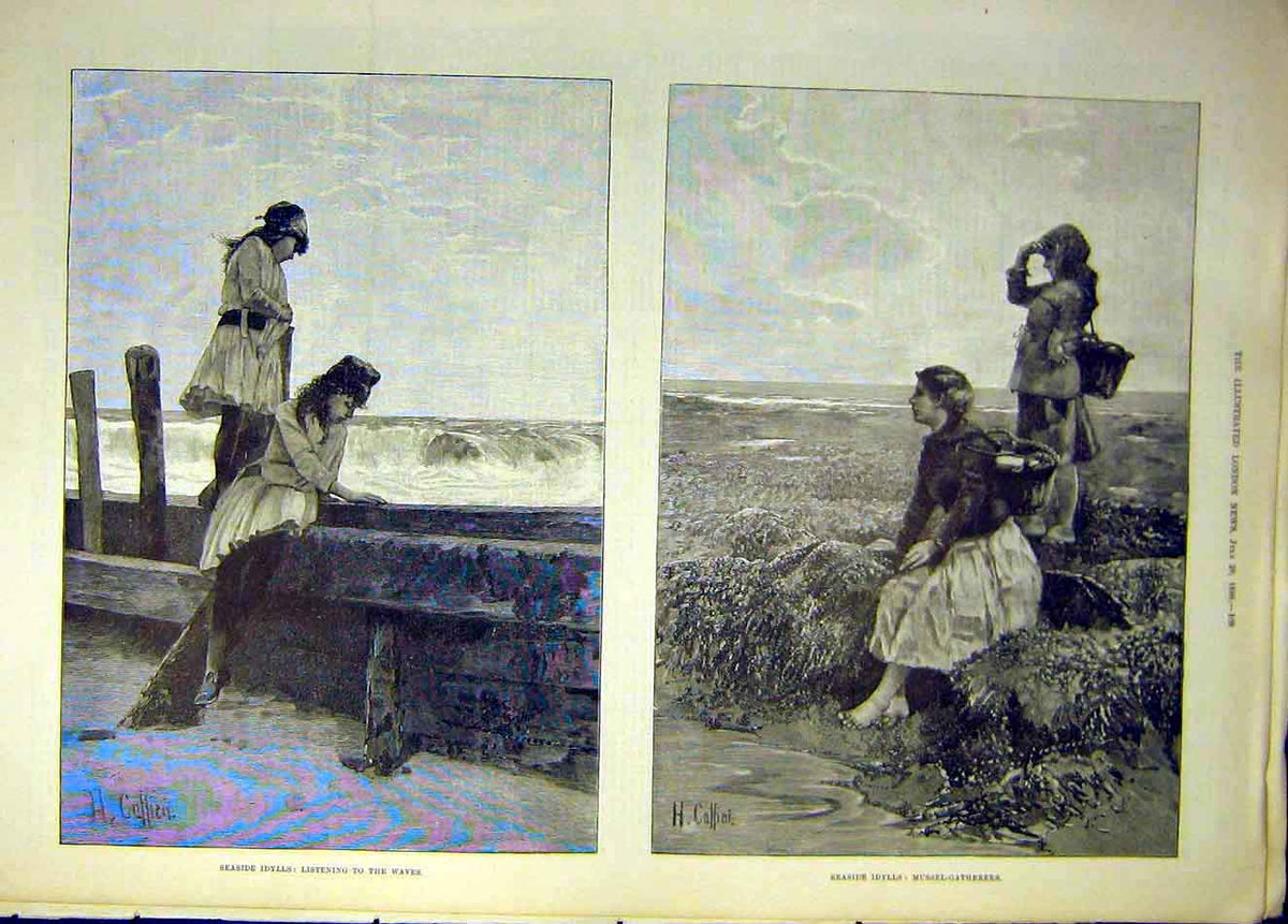 Original Old Antique Print 1888 Seaside Idylls Waves Mussel Gatherers Sketches