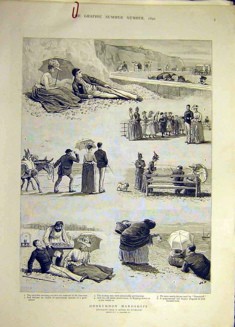 Original Old Antique Print 1890 Honeymoon Hardships Letter Angelina Sketches