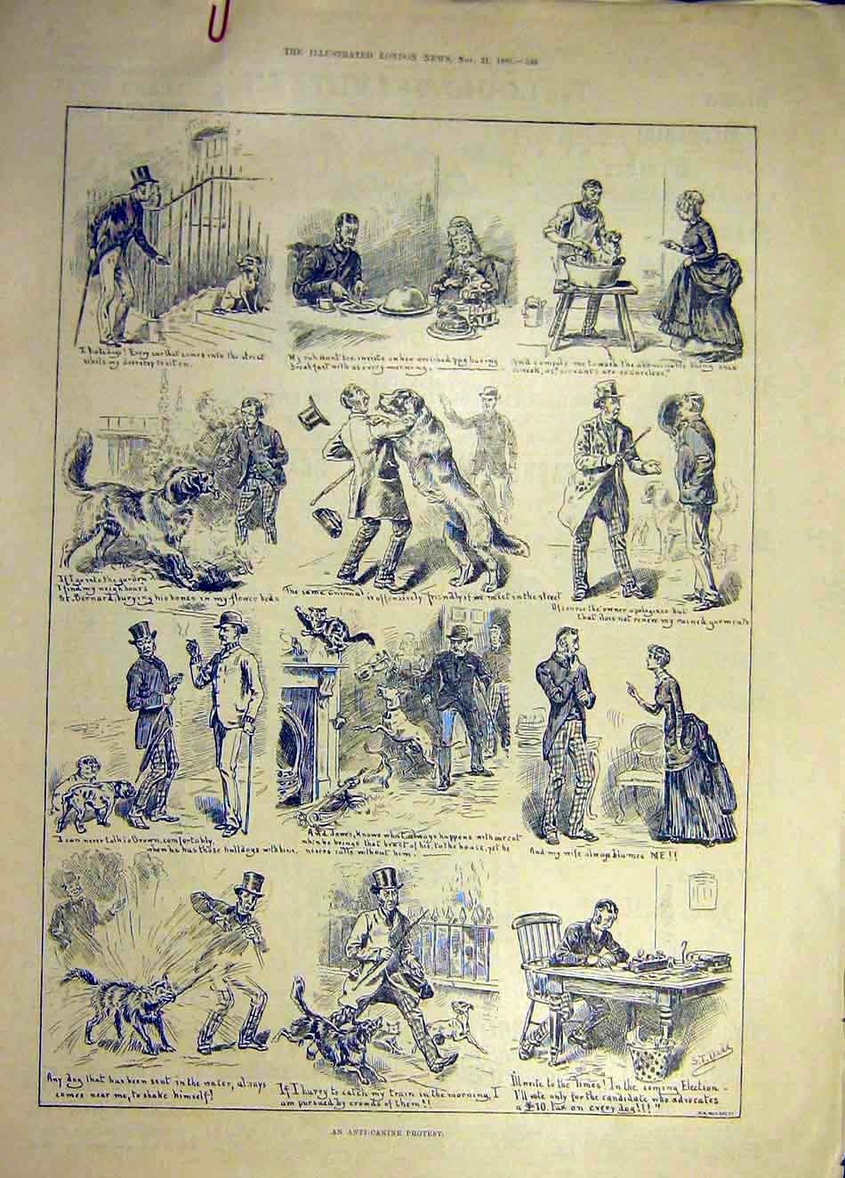 Original Old Antique Print 1885 Anti-Canine Protest Dog Sketches 19th