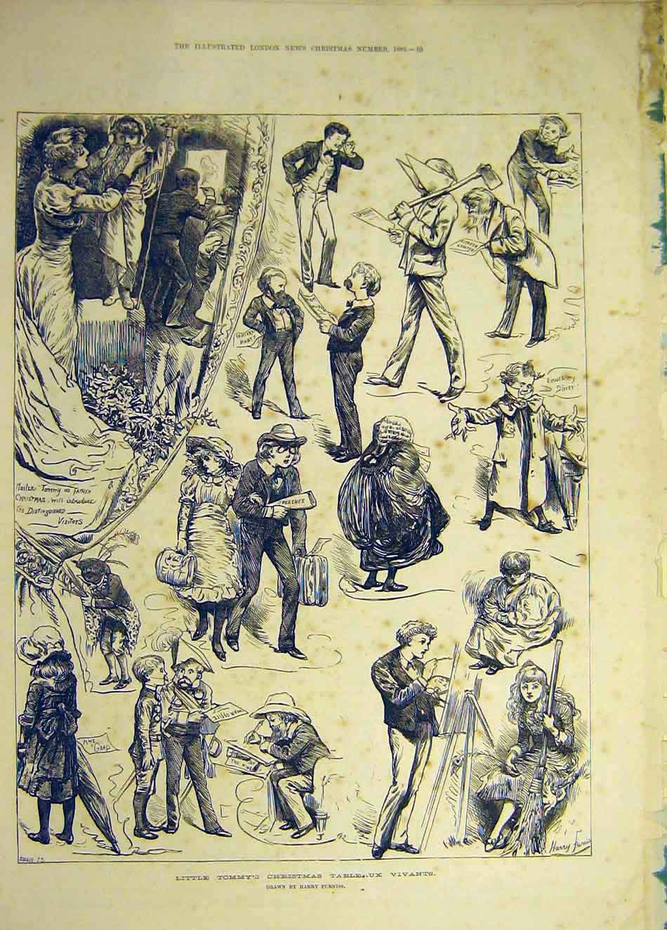 Original Old Antique Print 1883 Tommy Christmas Tableaux Vivants Sketches 19th