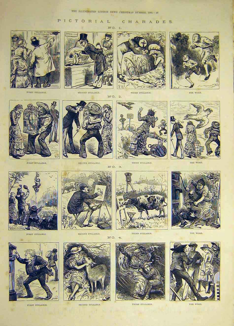 Original Old Antique Print 1883 Pictorial Charades Syllable Sketches Victorian