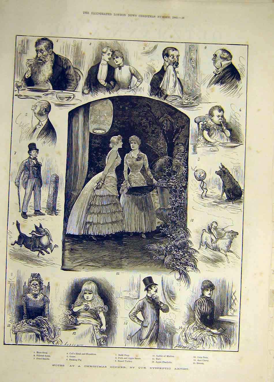 Original Old Antique Print 1883 Christmas Dinner Dyspeptic Artist Sketches 19th