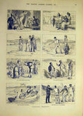Original Old Antique Print 1893 Comedy Accidents Sketches Romance Hunting Field
