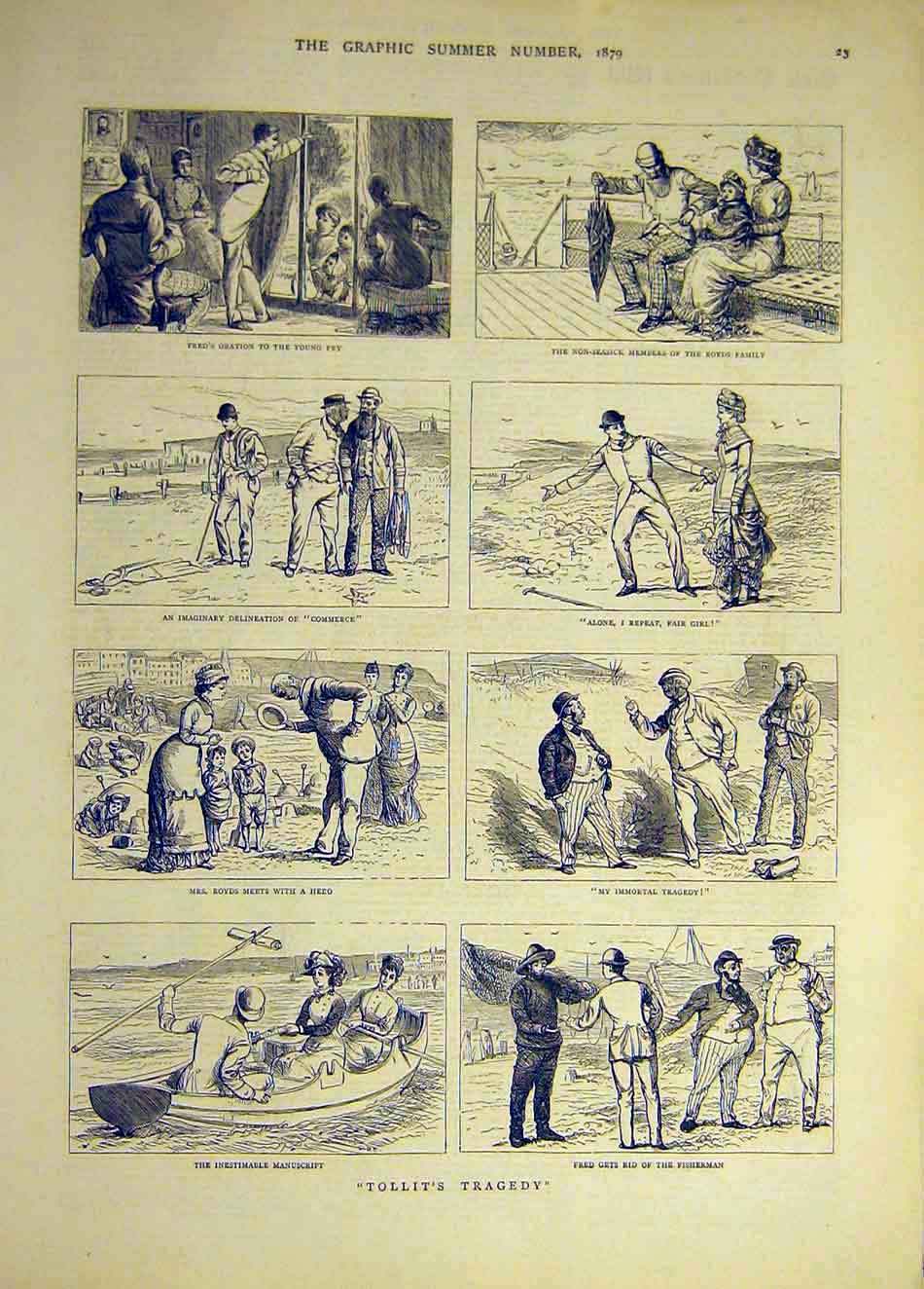 Original Old Antique Print 1893 Comedy Accidents Sketches Romance Hunting Field