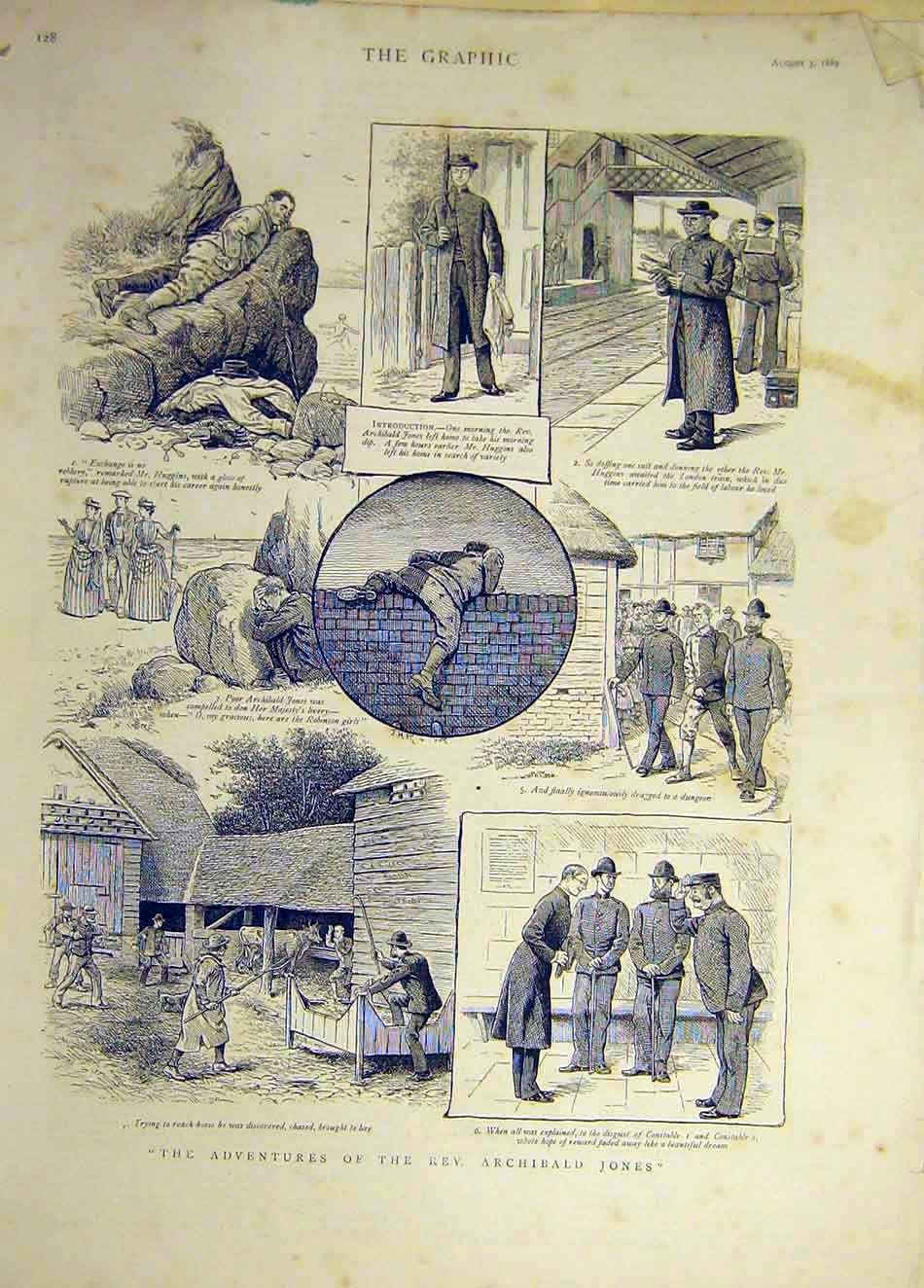 Original Old Antique Print 1889 Adventures Archibald Jones Sketches Constable