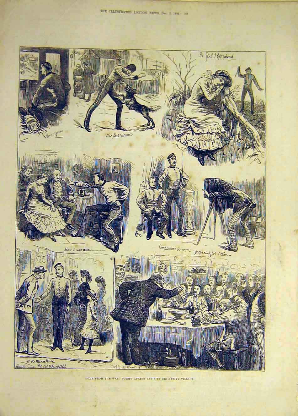 Original Old Antique Print 1882 Home-War Tommy Atkins Sier Village Sketches 19th