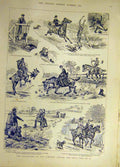 Original Old Antique Print 1890 Two-Runaway Horses Sketches Riders Country 19th