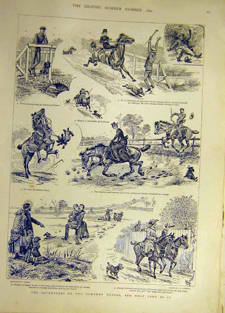 Original Old Antique Print 1890 Two-Runaway Horses Sketches Riders Country 19th