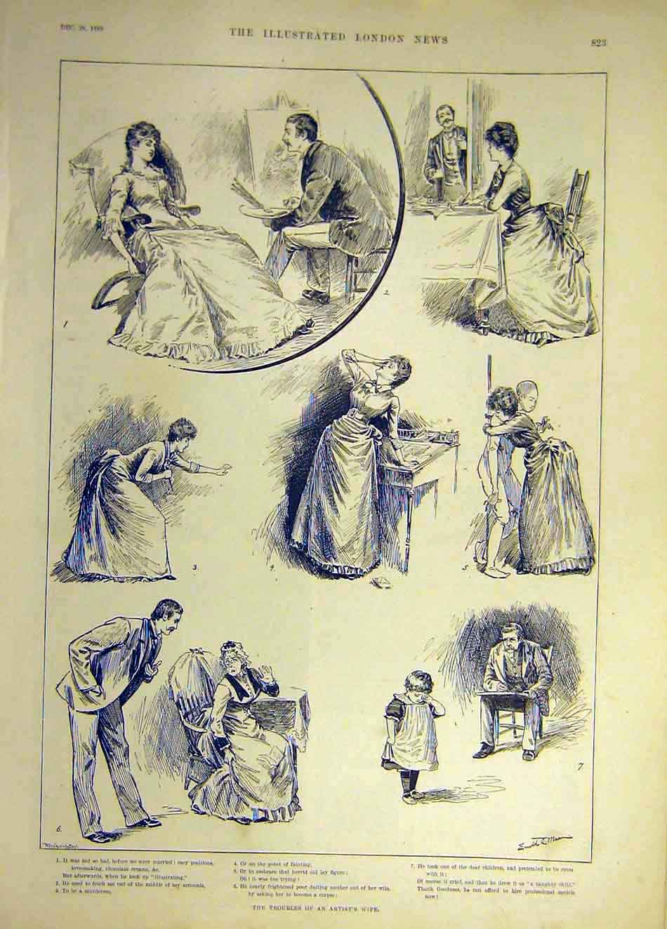 Original Old Antique Print 1889 Troubles Artist Wife Lady Sketches Victorian