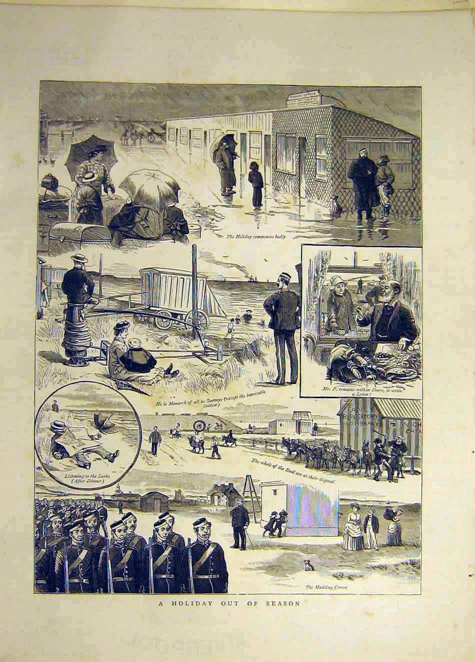 Original Old Antique Print 1884 Holiday Out-Of-Season Donkey Beach Seaside 19th