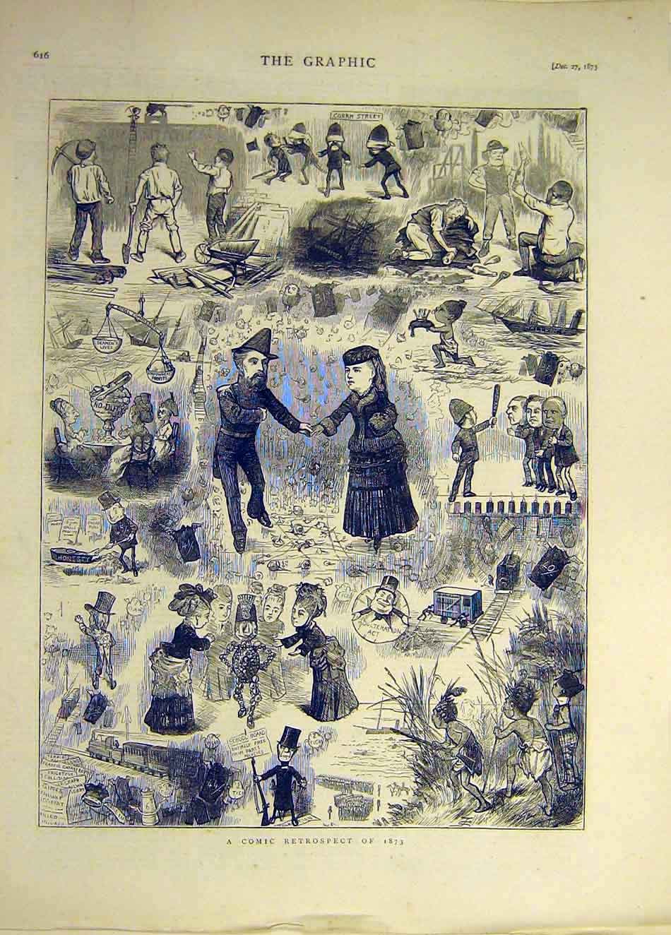 Original Old Antique Print 1873 Comic Retrospect Sketches Humour Cartoon 19th