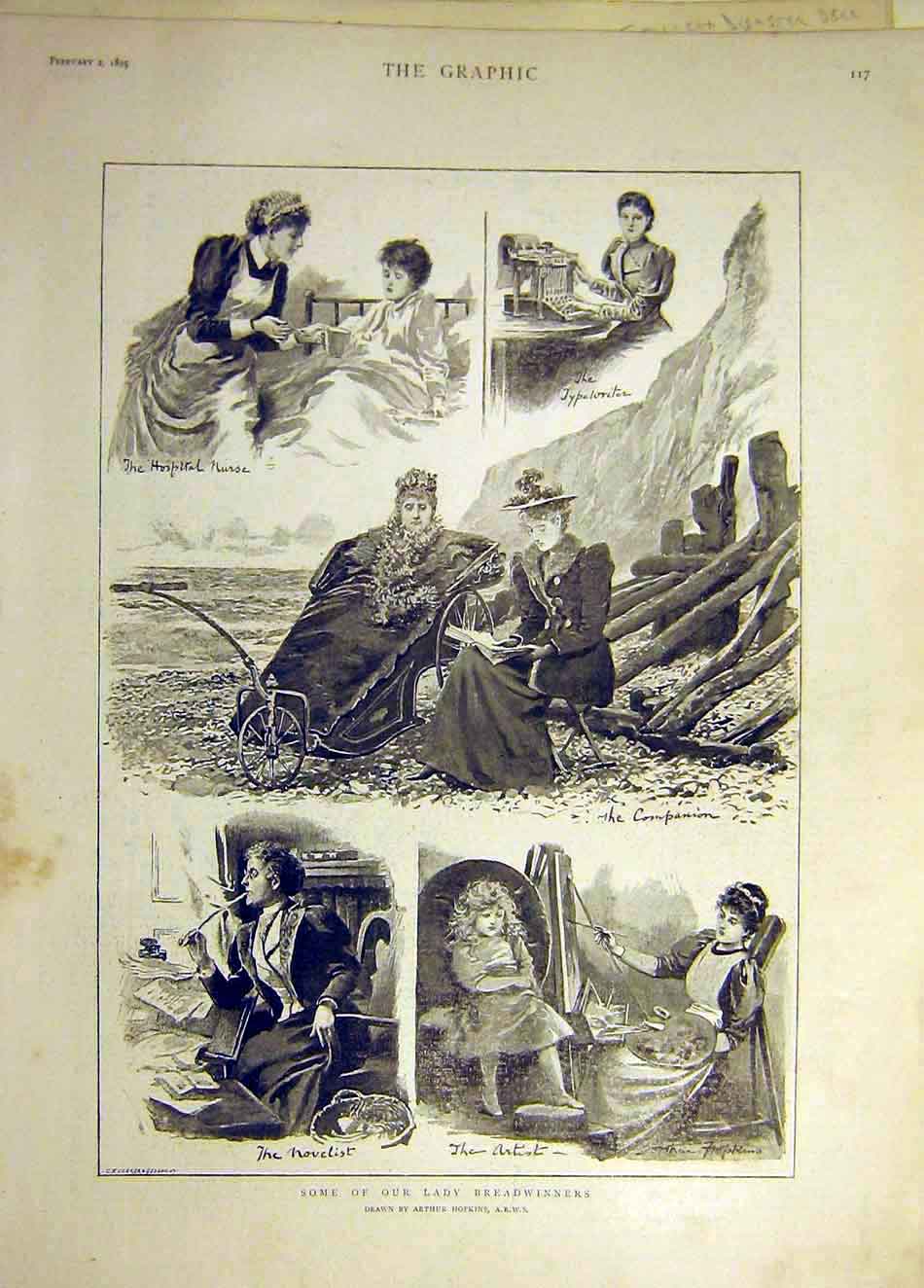 Original Old Antique Print 1895 Lady Breadwinners Hopkins Hospital Nurse Artist