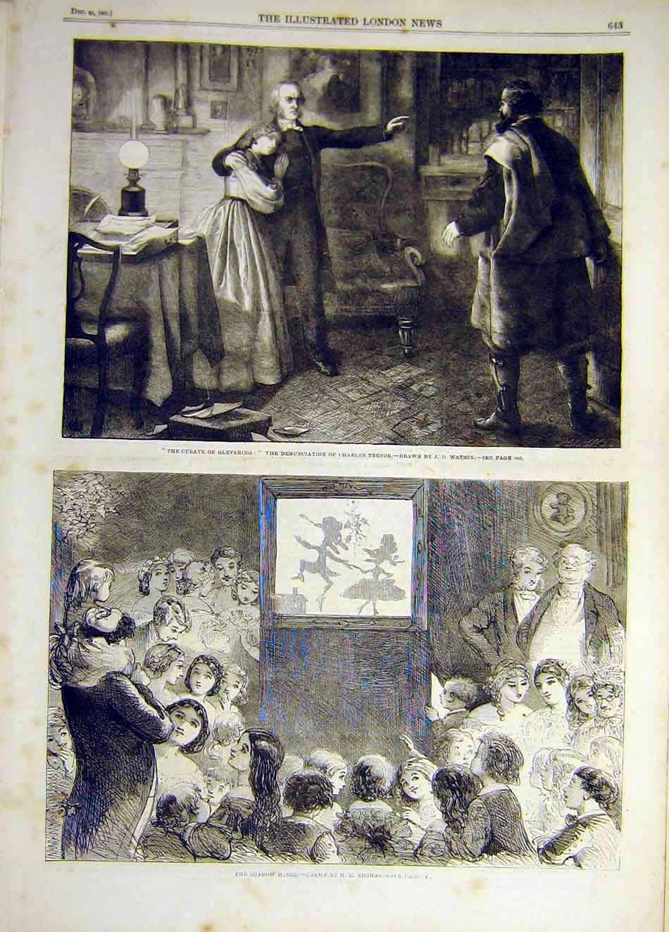 Original Old Antique Print 1861 Glevering Curate Trevor Watson Shadow Dance 19th