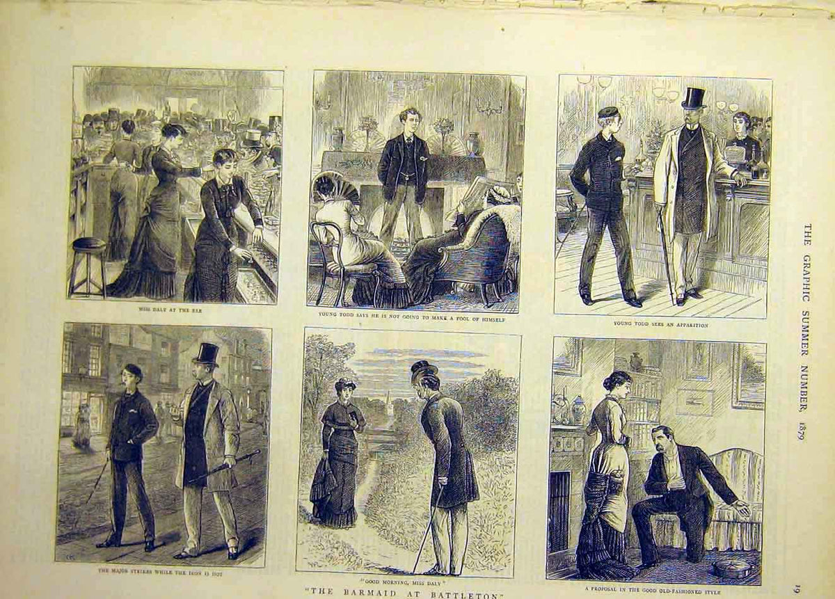 Original Old Antique Print 1879 Barmaid Battleton Sketches Daly Proposal Todd