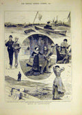 Original Old Antique Print 1879 Matty Greysparkle Canoe Race Lovers Sketches